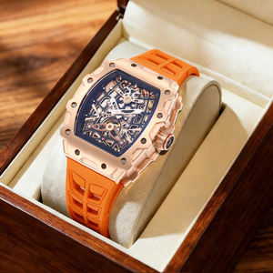 Nuovo Orologio Meccanico Scheletrato in Acciaio Inossidabile Placcato Oro Rosa 3ATM con Cinturino Arancione e Vetro Zaffiro - Product Image 1