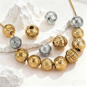 Perles rondes gravées à motifs floraux vintage |   Entretoise en acier inoxydable plaqué or PVD avec motif cœur gravé en relief pour la fabrication de bijoux DIY - Product Image 2