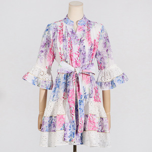 Robes décontractées pour femmes à imprimé coloré, col en V, manches trois quarts, taille empire, patchwork, longueur genou, style bohème, boutonnées - Product Image 2