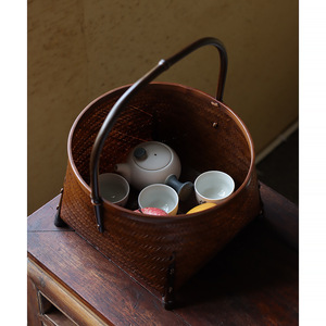 Handmade Lacquered <b>Bamboo</b> <b>Basket</b> Round With Handle Tea Ceremony Storage Food Container Retro Style - Product Image 2
