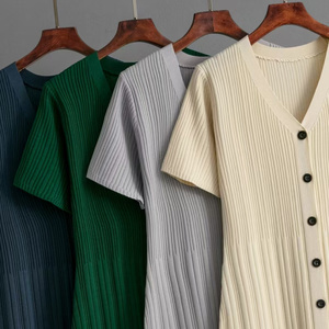 Vestido Casual de Verano para Mujer, Estilo 2026, Cuello en V, Manga Corta, Cintura Larga, Ajustado, Tejido de Punto, Color Puro - Product Image 6