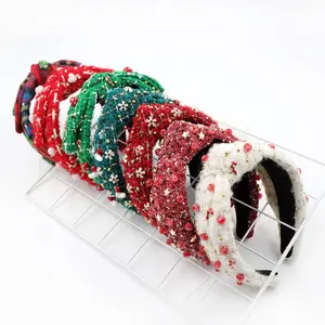 Kerstmis Stijl Mode Meisjes Hoofdband Handgemaakte Hart Parels Rhinestone Haarband Vrouwen Midden Knot Tulband Haar Accessoires