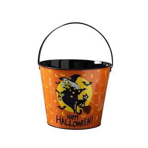 Secchiello in ferro a forma di zucca con grafica di strega e pipistrelli di Halloween, simpatico cartone animato, portatile, per dolcetti o scherzi per bambini, decorazione per la scuola materna - Product Image 5