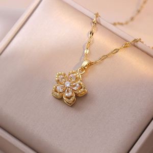 Stainless Steel Jewelry Set Non Fade Rotating Flower Pendant Necklace Earring Ring for Women Clavicle <b>Chain</b> Choker Charm Jewelry - Product Image 5