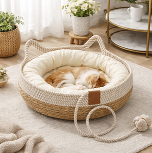 Lit pour chat chaud et solide, écologique, en herbe de roseau naturelle tressée, toutes saisons, emballage carton, fournitures pour animaux de compagnie, vente en gros - Product Image 1