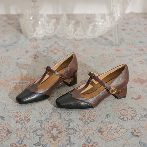 Elegant Mary Jane Shoes Square Toe <b>Block</b> Heel T-Strap Buckle Genuine Leather Women's Pumps All Seasons High Heeled Shoes - Product Image 1