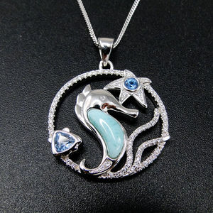 Pendentif en argent sterling 925 en forme d'hippocampe, pendentif en larimar naturel, vente en gros - Product Image 5