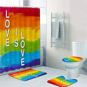 Custom Polyester Waterproof 3D Digital Printing 4 Pieces Love is Love Rainbow Gay Shower Curtain Toilet Lid Set For Bathroom