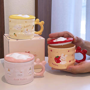 Cute Rabbit <b>Ceramic</b> <b>Mug</b> With Lid And Handle Red Pink Yellow Cartoon Design For Coffee Tea Spring 2025 Gift Cup - Product Image 3