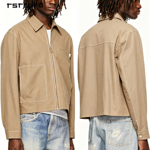 Custom Plus Size Lightweight <b>Utility</b> <b>Jacket</b> Khaki Contrast Stitch Three Patch Pockets Hem Drawstring Relaxed Fit <b>Jacket</b> - Product Image 4