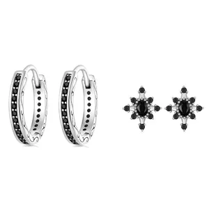 耳环套装个性深色风格925纯银耳环锆石男士明星黑银珠宝印度耳钉2件