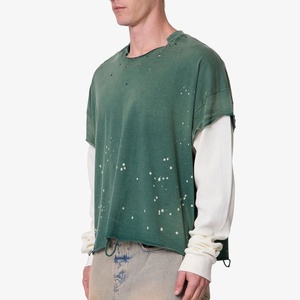 T-shirt Homme Personnalisé OEM à Manches Longues Double Couche Imprimé Effet Éclaboussures et Détails Usés, Nouveauté 2026, Coupe Oversize Déchirée et Bords Bruts, Style Streetwear - Product Image 2