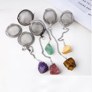 Q0322 Natural stone 304 Stainless steel tea Infusers crystal stone amethyst rose quartz tea strainer spice strainer ball