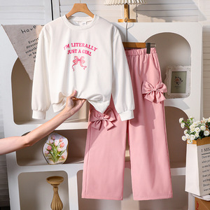 Collezione autunno 2025 2 pezzi tuta da ragazza ODM Sweet Bowknot rosa manica lunga felpa teen Set tuta - Product Image 1
