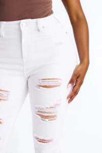 Jean blanc <span class=keywords><strong>taille</strong></span> haute pour <span class=keywords><strong>femme</strong></span>, coupe slim, déchiré, effet usé, longueur 3/4, style streetwear, vente en gros - Product Image 3