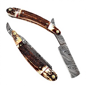 มีดโกนเหล็กดามัสกัสทำมือ ใบมีดคมเดียว ด้ามจับทำจากเขาสัตว์ จับถนัดมือ แถมปลอกหนัง ของขวัญสำหรับเขา - Product Image 3