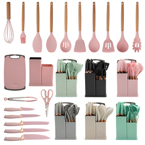 High Quality 19 Piece <b>Silicone</b> Kitchen Utensil Set With Wooden Handle and Cuttings Board Storage Bucket Kitchen Gadget Set - Product Image 3