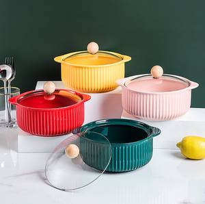 Vaisselle mate Bol à soupe aux nouilles Ramen en céramique avec couvercles de couverture Couleur Glaçure Deux oreilles Bols à bulles - Product Image 1