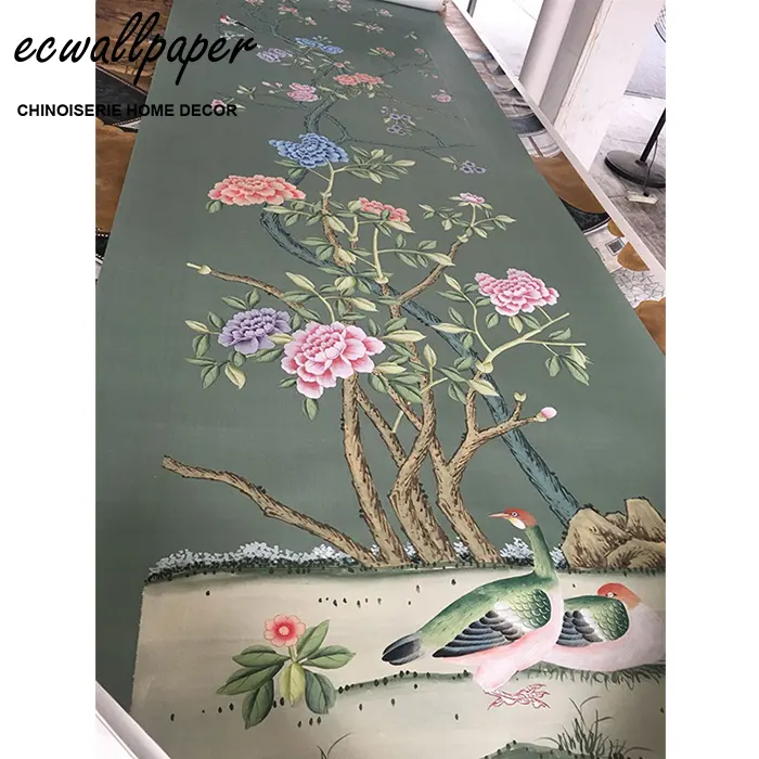 Hand Painted & Chinoiserie Wall Panels on blue green silk