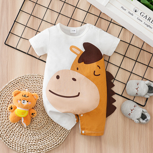 Lindo Mono de Manga Corta con Estampado de Pony Sonriente en Blanco y Azul, Bordado, Personalizado por la Fábrica para <span class=keywords><strong>Recién</strong></span> <span class=keywords><strong>Nacidos</strong></span> - Product Image 1