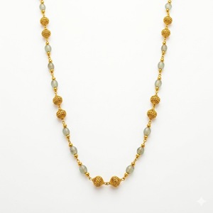Collier Mala antique en argent 925 avec perles de pierre gris-vert, longue chaîne traditionnelle, bijoux ethniques pour femmes - Product Image 1