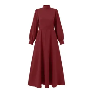 Commuter casual fashion high-waist with belt A line long dress gown lantern sleeves for Women Muslim dress cabaya