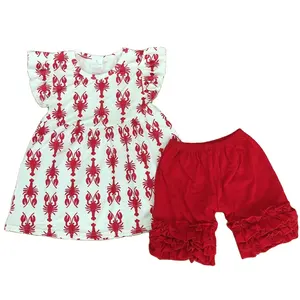 baju renang blazer anak perempuan Suppliers-RTS Baju Butik Musim Panas Terbaru, Pakaian Anak Perempuan Motif Kepiting, Celana Pendek Berjumbai Merah, Pakaian Butik Anak-anak
