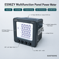 Medidor de Energía Trifásico EastSong ES96ZY Clase 0.5S con Certificación CE, Pantalla LCD de 96x96mm, RS485 Modbus, 4 Cuadrantes, 2DI, Protección IP65, 6A