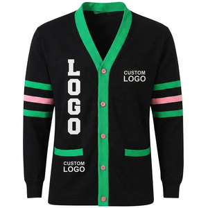Black Fleece <b>Varsity</b> <b>Cardigan</b> Unisex V Neck Winter Casual with Green & Pink Accents and Embroidered Letters - Product Image 1