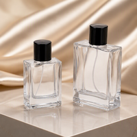 Flacon de parfum en verre borosilicate transparent plat de 50 ml avec bouchon à vis, décalcomanie, atomiseur réutilisable, couleur personnalisée, longue durée