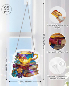 Puzzle en acrylique motif tasses de thé et livres en vitrail, attrape-soleil, décoration suspendue pour fenêtre, vente en gros, logo personnalisé - Product Image 2