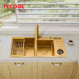 Évier de cuisine <span class=keywords><strong>double</strong></span> cuve en acier inoxydable 304 doré à encastrer, personnalisable, avec égouttoir - Product Image 4