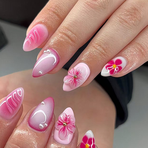 Unghie Finte Rosa a Mandorla con Decorazioni Floreali e Perle Fatte a Mano, Carine per Primavera Estate, Riutilizzabili, Copertura Completa, per Uso Quotidiano Femminile - Product Image 6