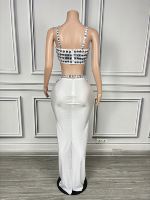 Ensemble de tenues 2 pièces avec gilet en strass blanc de créateur, jupe longue, robe de soirée d'anniversaire et de vacances pour femmes, tenue de club, robe de soirée de bal