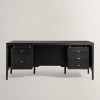 Bureau d'écriture moderne noir de 70 pouces avec deux meubles de rangement à 3 tiroirs, poignées dorées, espace ouvert pour les jambes, idéal pour le bureau à domicile et les meubles d'étude