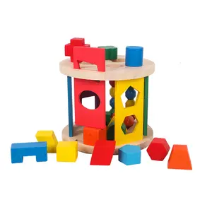 Bentuk geometris yang cocok dengan kayu silinder berpori kotak intelijen untuk anak-anak pendidikan awal pencerahan mainan Puzzle