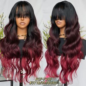 Perruque synthétique Lace Front Ombré Marron de 12 $ avec frange, longue, ondulée, naturelle et douce, en cheveux synthétiques mélangés - Product Image 6