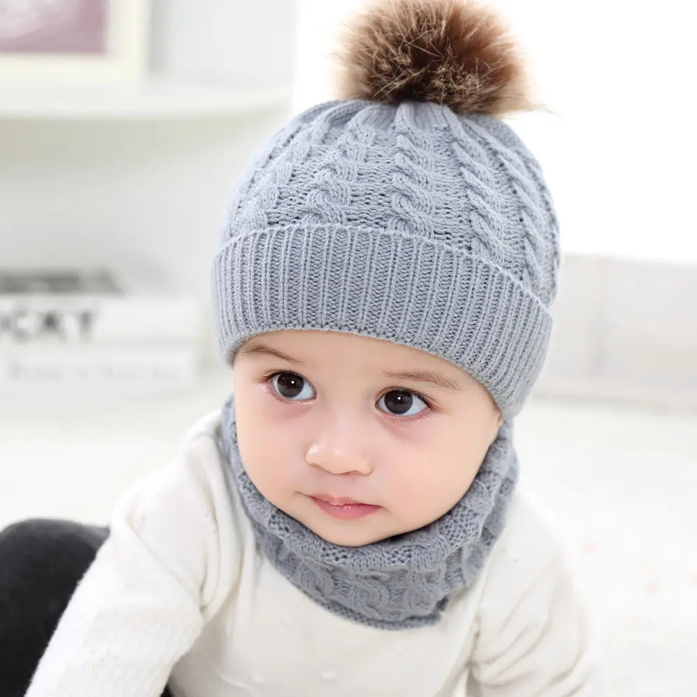 Çocuk bebek kız erkek bere örgü şapka kış şapka eşarp seti bebek çocuk örme şapka Pom poms ile