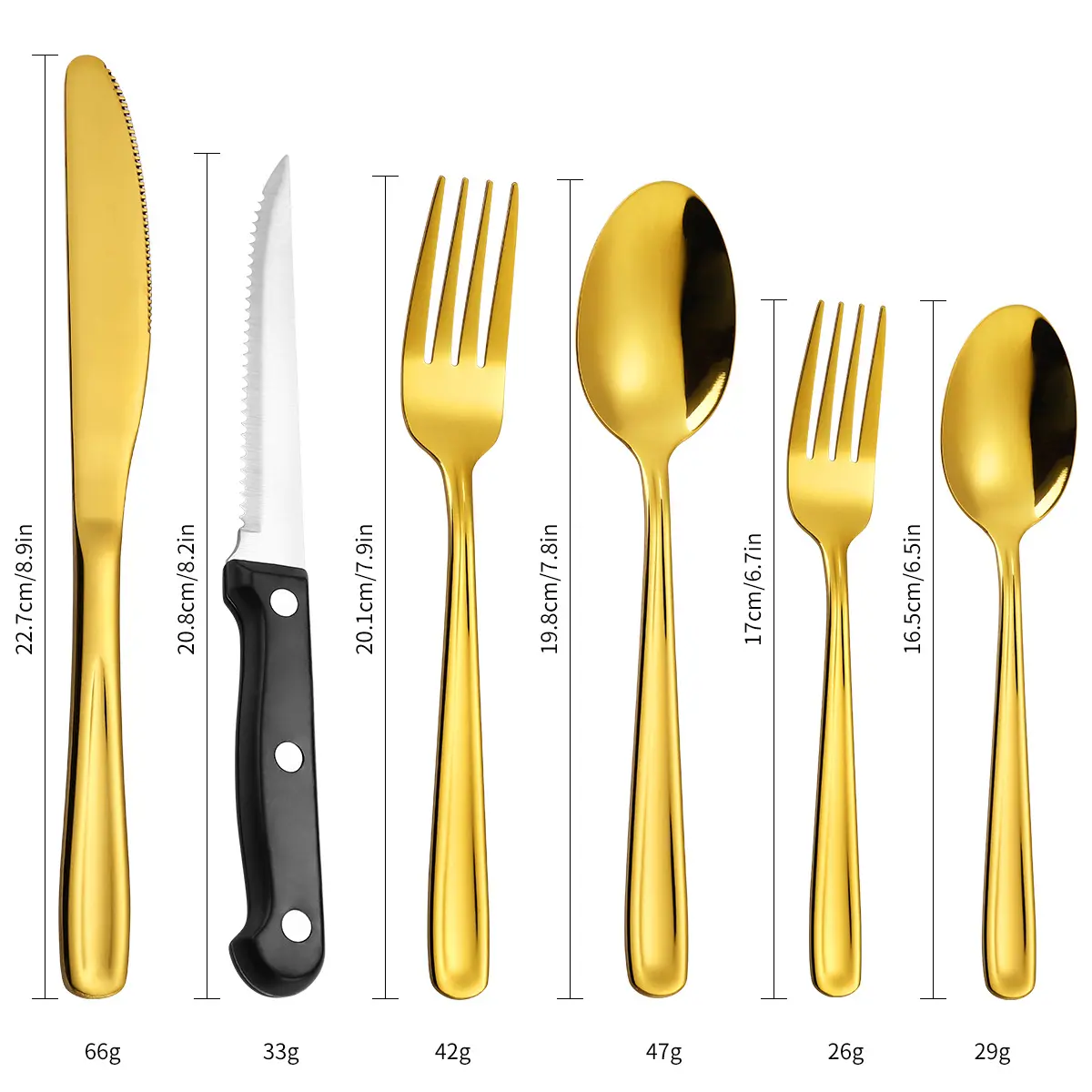 6個のステンレス鋼の高級レストランカトラリーウェディングゴールドナイフとフォーク銀器セット