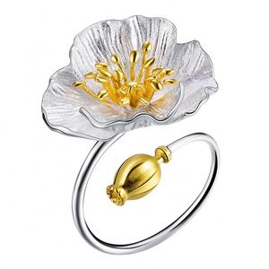 Lotus Fun Real 925 Anillo ajustable de plata esterlina Diseñador hecho a mano Joyería fina Anillos de flores de amapolas florecientes para mujeres Bijoux - Product Image 1
