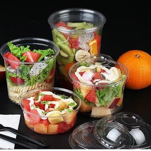 Disposable 117mm caliber transparent bowl for fruits salad dessert custom logo 800ml 24oz clear PET plastic bowl with lid