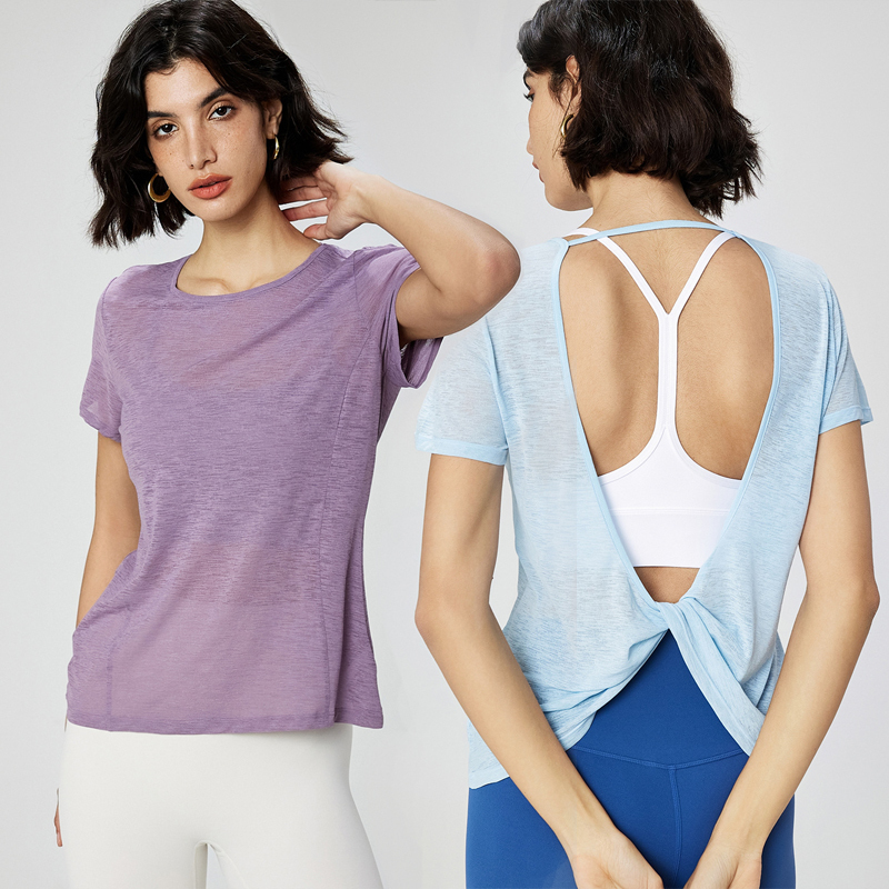 Open Twist Back Workout T-Shirts for Women Quick-Drying Sports Yoga Short Sleeve Top Athletic Running Active Wear