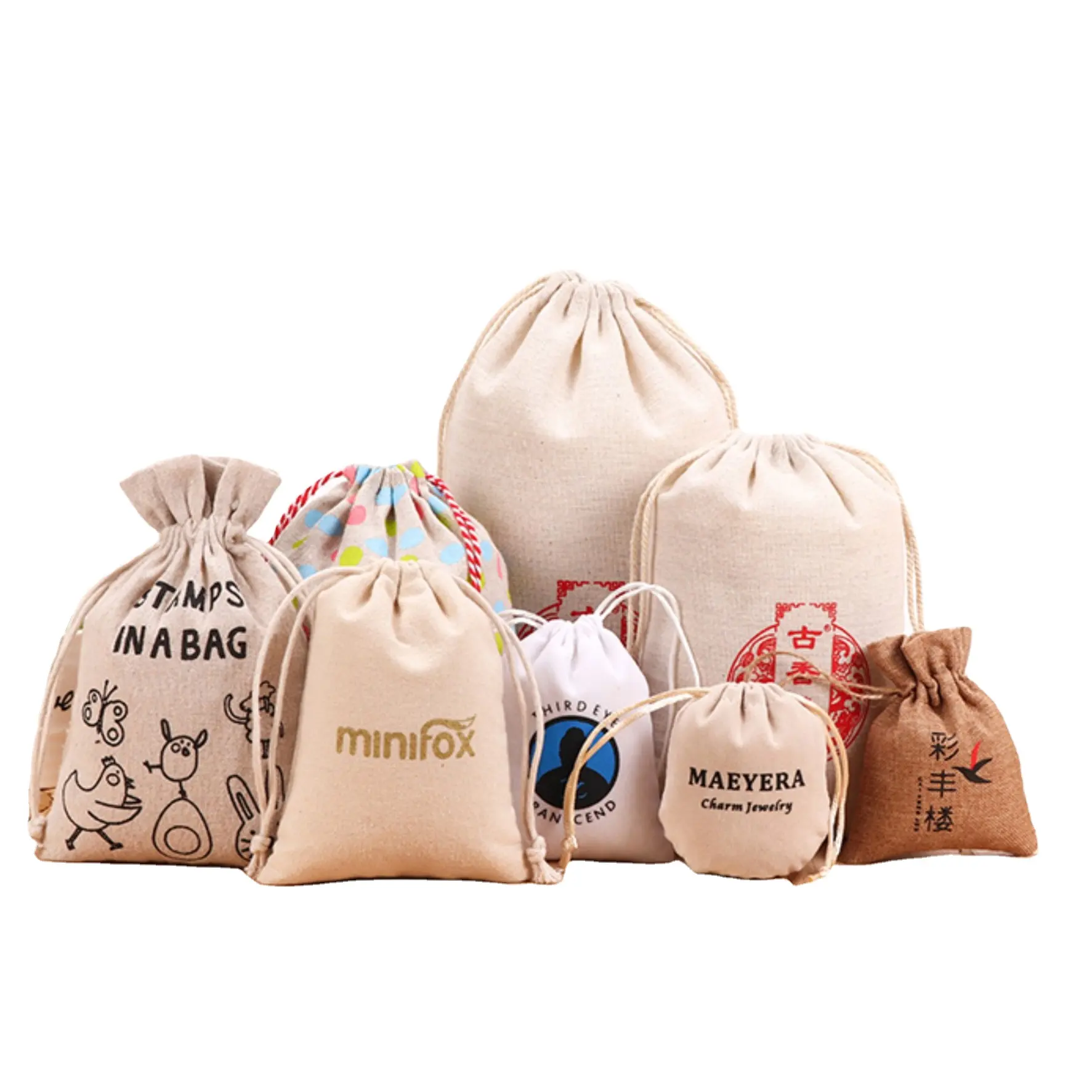 Bolsas de lona con cordón personalizadas promocionales de alta calidad, pequeña bolsa de regalo de yute, moda portátil ecológica