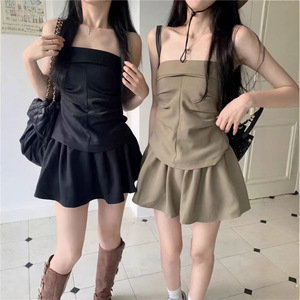 Conjunto de Falda Mini de Cintura Alta y Top sin Tirantes de Lona Vintage, Dulce y Fresco, para Mujer, Verano, Casual, Poliéster, Moda - Product Image 3