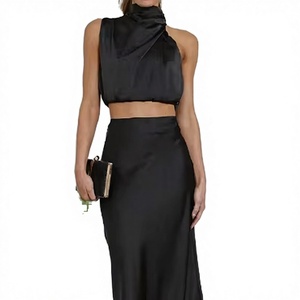 Elegant Black Two Piece Set High Waist Pencil Maxi Skirt Cowl Neck Crop <b>Top</b> Sleeveless Satin Dress <b>Party</b> Wear - Product Image 3