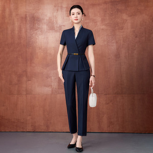 Women's Suit Set Short Sleeve Navy Blue Office Lady Professional Uniform Breathable Woven Fabric Business Commute Interview Wear - Product Image 4