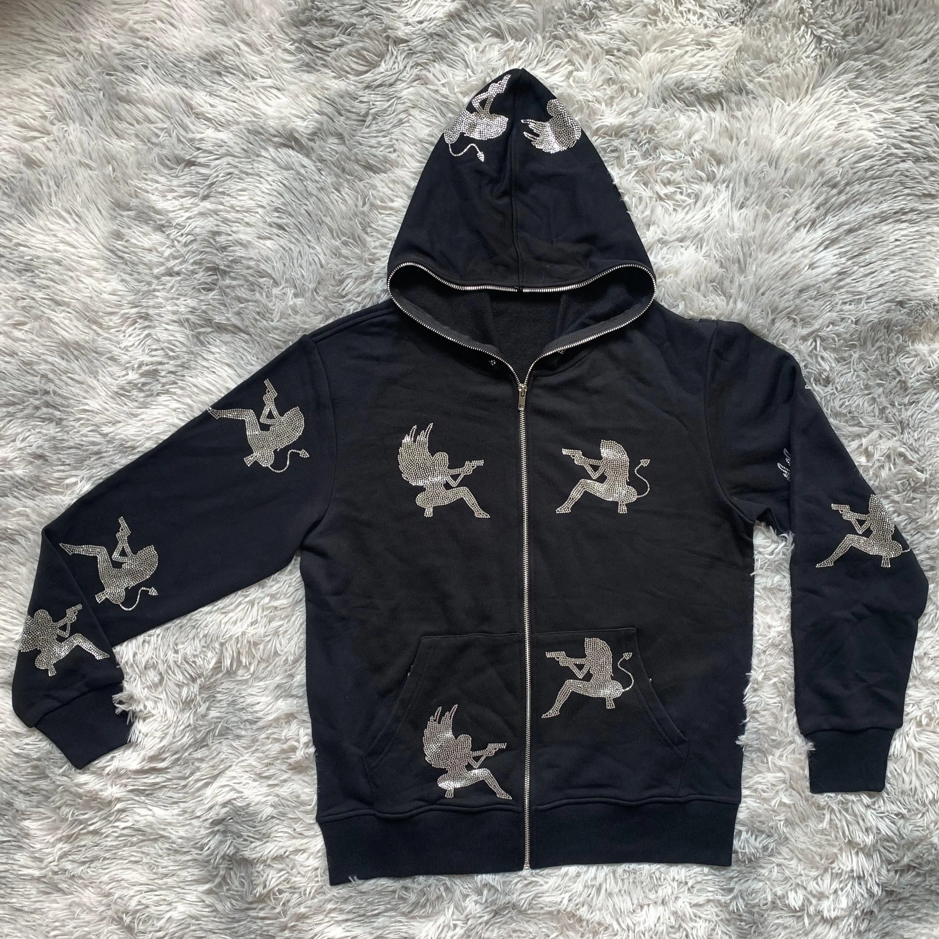 DENIMGUYS bayanlar kızlar Hoodie özel Rhinestone tam yüz Zip Up fransız Terry pamuklu kapüşonlar erkekler kadınlar Y2K