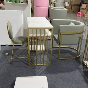 Contemporary <b>Pink</b> Nail Table With Marble Top And Gold Metal <b>Frame</b> For Manicure Salon Furniture - Product Image 6