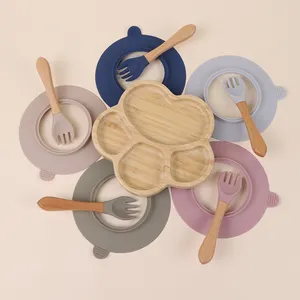 Fabrikanten Op Maat Logo Verdeeld Dier Houten Bamboe Zuigplaten Voor Kinderen Food Grade Bamboe Plaat Sets Baby Voeding Set