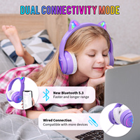 Casque sans fil Eson mignon pour enfants, design oreilles de chat lumineuses, LED, batterie, étui pliable inclus, idéal pour l'école, les voyages, les cadeaux